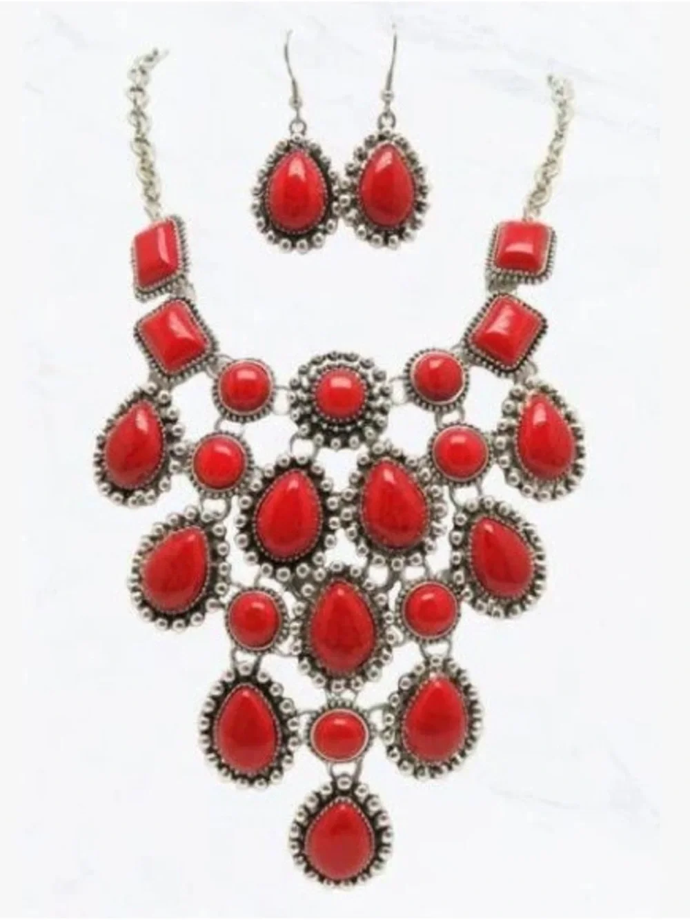 BRAND NEW WITH TAGS Red Stone Statement Necklace & Earring Set